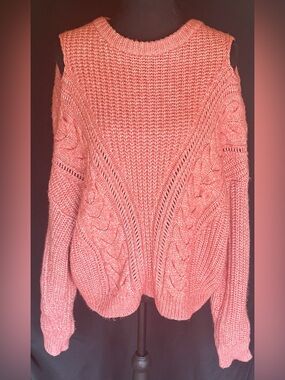Express Pink Cold Shoulder Cable Knit Sweater Size Large Cozy Chunky Knit